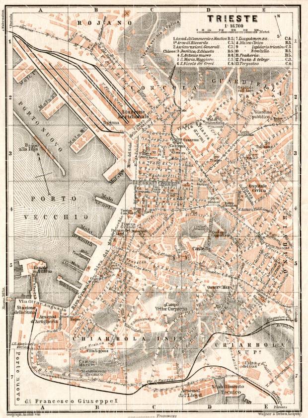 1908 antike Stadtkarte Triest historischer Stadtplan Karte Lithographie ca 