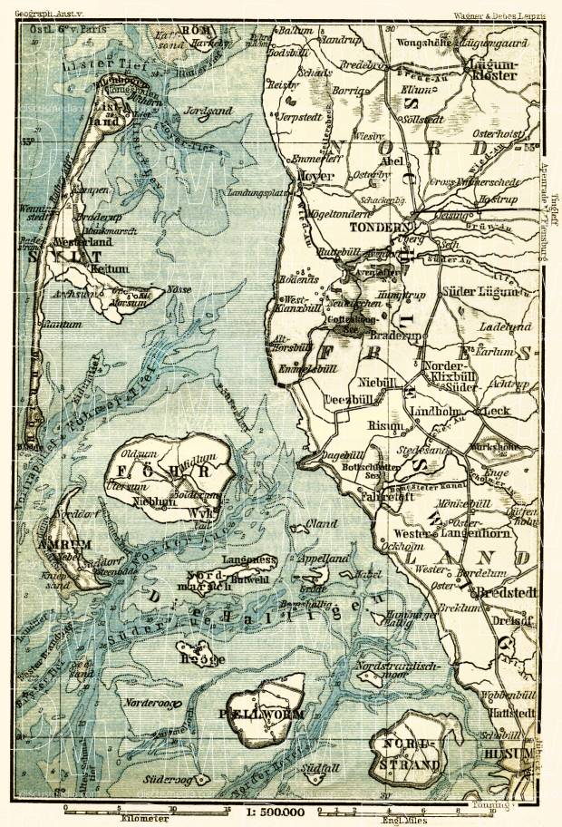 Sylt and Föhr Islands. Schleswig map, 1887. Use the zooming tool to explore in higher level of detail. Obtain as a quality print or high resolution image