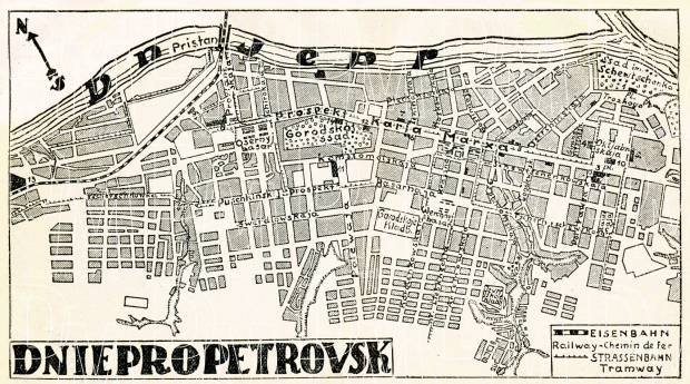 Dnepropetrovsk (Днiпропетровськ, Dnipropetrovsk) city map, 1928. Use the zooming tool to explore in higher level of detail. Obtain as a quality print or high resolution image