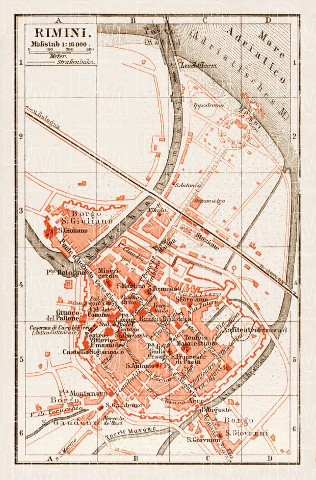 Rimini town plan, 1903. Use the zooming tool to explore in higher level of detail. Obtain as a quality print or high resolution image