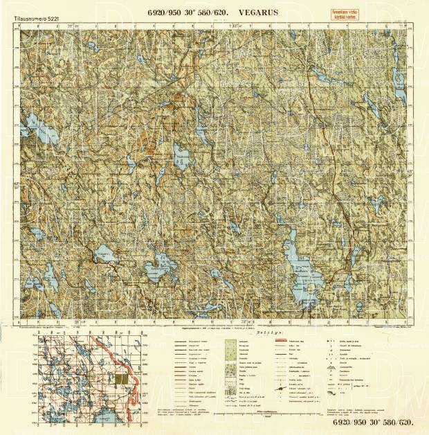 Vegarus. Topografikartta 5221. Topographic map from 1943. Use the zooming tool to explore in higher level of detail. Obtain as a quality print or high resolution image