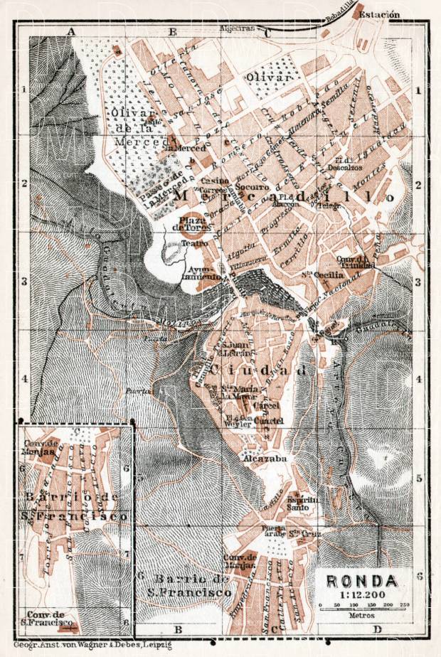 Ronda city map, 1913. Use the zooming tool to explore in higher level of detail. Obtain as a quality print or high resolution image