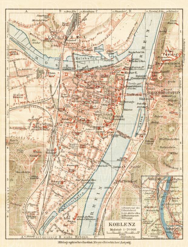 Koblenz city map, 1927. Use the zooming tool to explore in higher level of detail. Obtain as a quality print or high resolution image