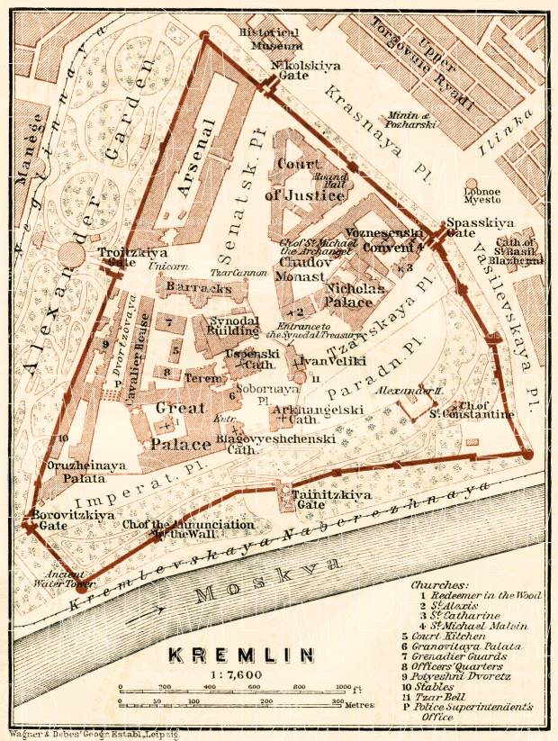 Old map of Moscow Kremlin in 1914. Buy vintage map replica poster print