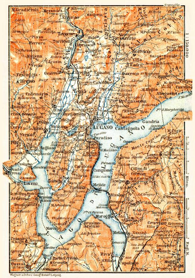 Lugano and environs map, 1898. Use the zooming tool to explore in higher level of detail. Obtain as a quality print or high resolution image