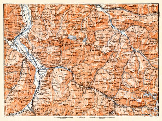 Ragatz, Prötigau and Montafon map, 1897. Use the zooming tool to explore in higher level of detail. Obtain as a quality print or high resolution image