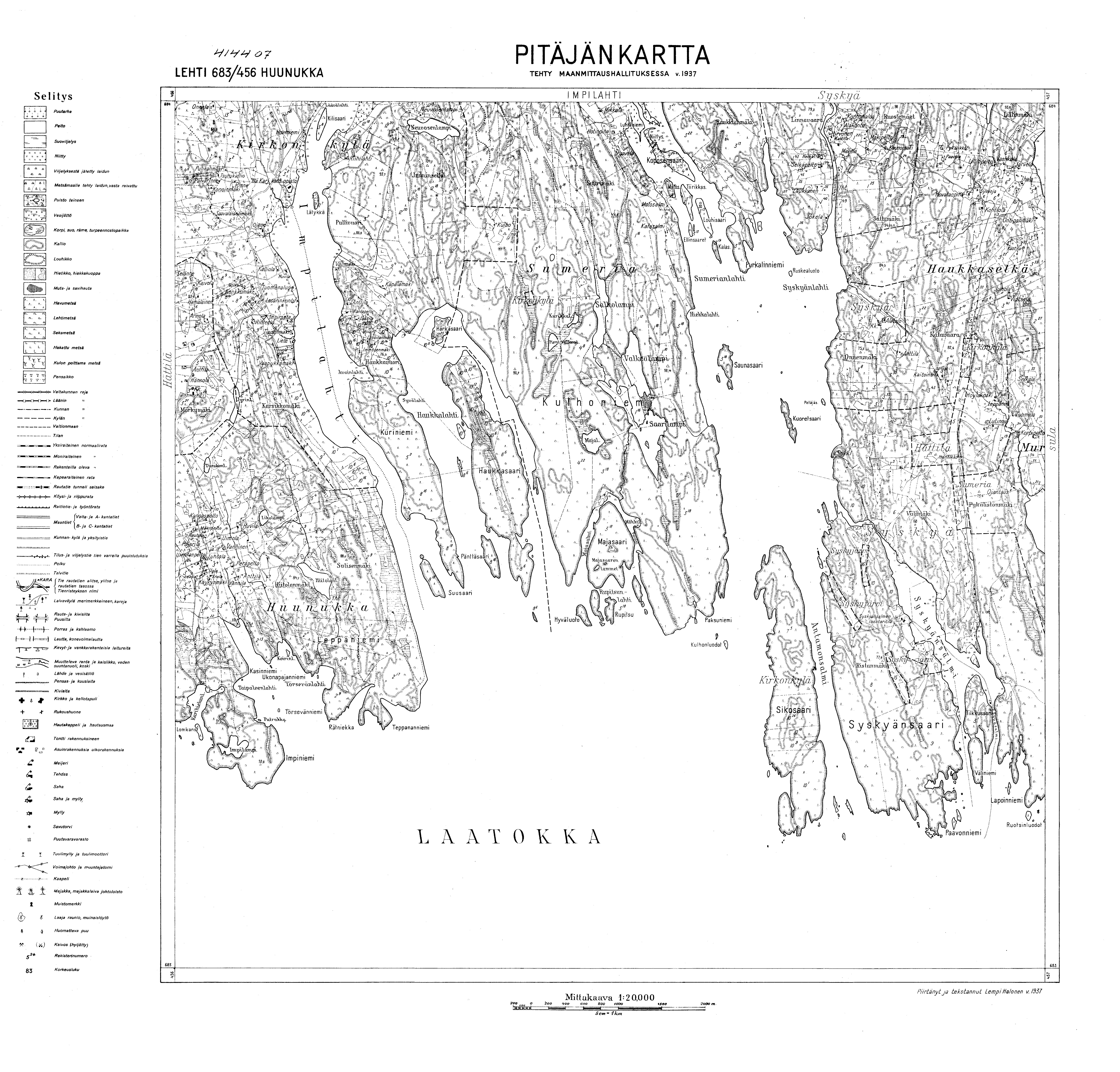 Hunukka Peninsula. Huunukka. Pitäjänkartta 414407. Parish map from 1937