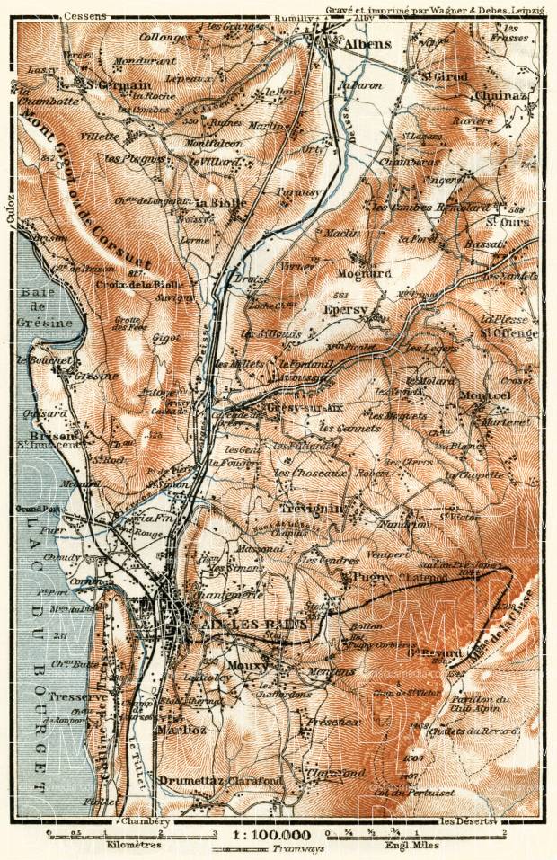 Aix-les-Bains environs map, 1913. Use the zooming tool to explore in higher level of detail. Obtain as a quality print or high resolution image