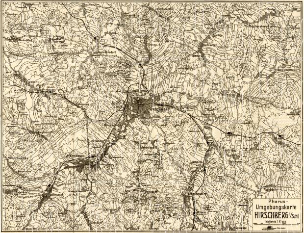 Hirschberg im Schlesien (Jelenia Góra) environs map, 1912. Use the zooming tool to explore in higher level of detail. Obtain as a quality print or high resolution image