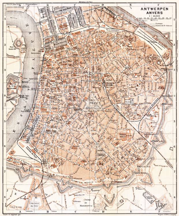Historische alte Stadtkarte 1894: Antwerpen Stadtplan farbig Belgien M5 