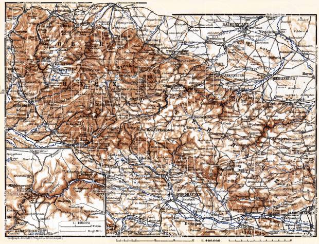 Lower and Upper Harz Mountains map, 1887. Use the zooming tool to explore in higher level of detail. Obtain as a quality print or high resolution image