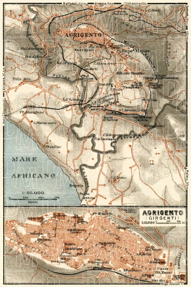 Agrigento (Girgenti) town and environs map, 1929. Use the zooming tool to explore in higher level of detail. Obtain as a quality print or high resolution image