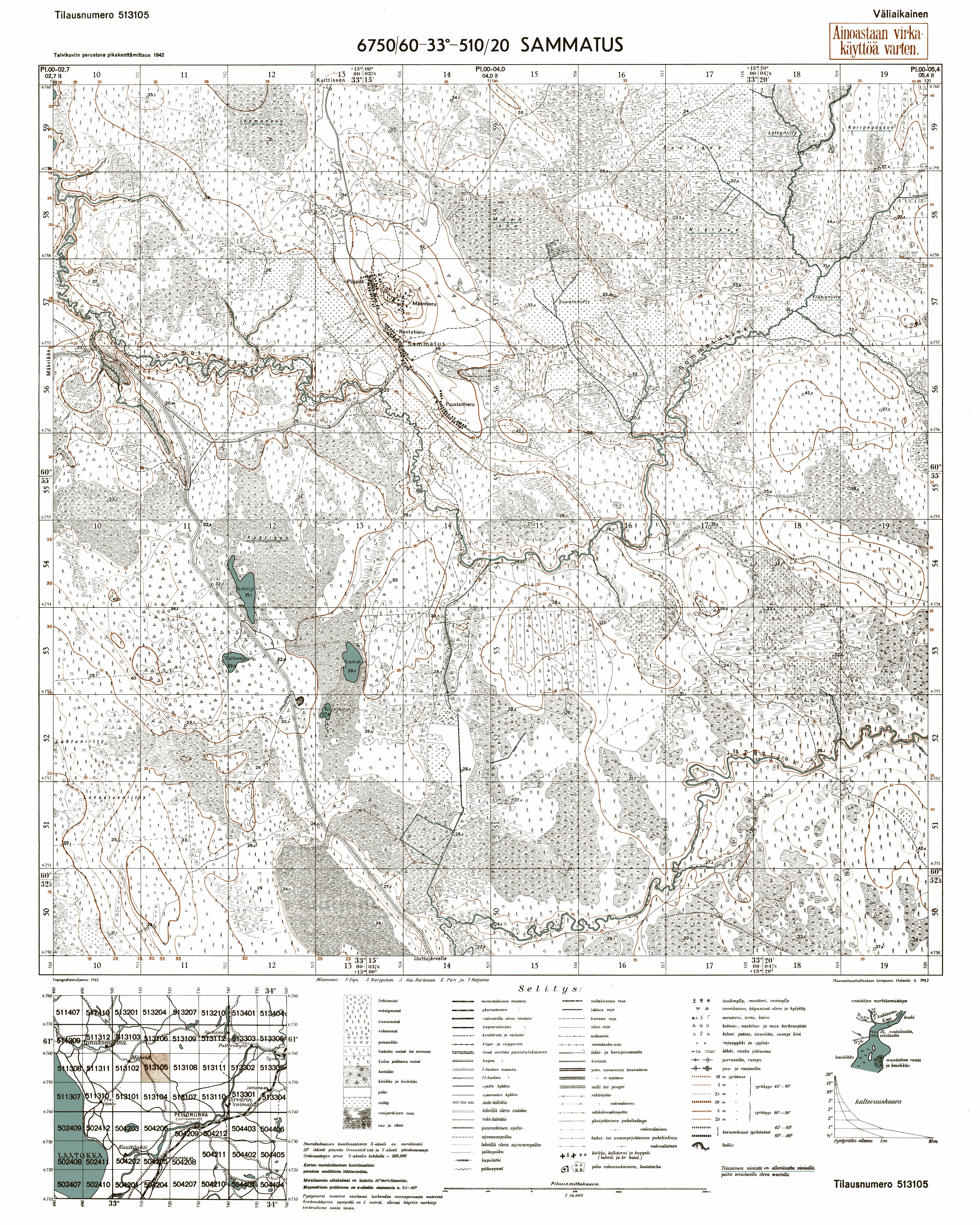Sambatuksa. Sammatus. Topografikartta 513105. Topographic map from 1942. Use the zooming tool to explore in higher level of detail. Obtain as a quality print or high resolution image