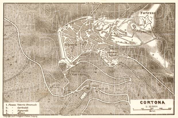 Cortona city map, 1909. Use the zooming tool to explore in higher level of detail. Obtain as a quality print or high resolution image