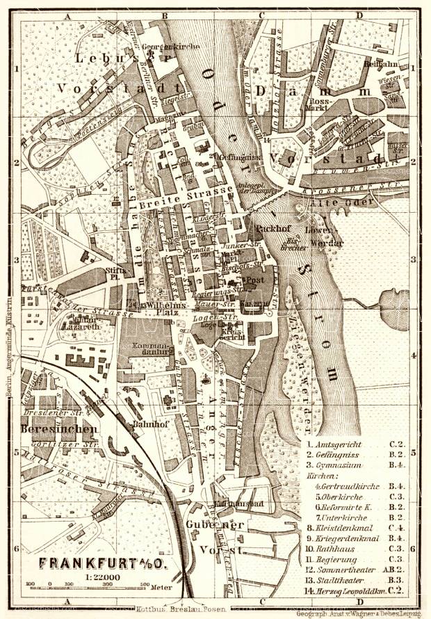 Frankfurt (Oder) city map, 1887. Use the zooming tool to explore in higher level of detail. Obtain as a quality print or high resolution image