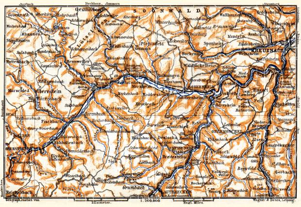 Nahe Valley. Kreuznach and environs map, 1905. Use the zooming tool to explore in higher level of detail. Obtain as a quality print or high resolution image