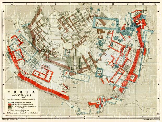 Troy (Troja, Ilion, Τροία, Ἴλιον), ancient site map after Wilhelm Dörpfeld, 1905. Use the zooming tool to explore in higher level of detail. Obtain as a quality print or high resolution image