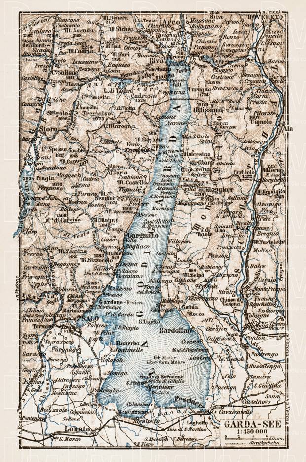 Map of the Garda Lake (Lago di Garda), 1903. Use the zooming tool to explore in higher level of detail. Obtain as a quality print or high resolution image