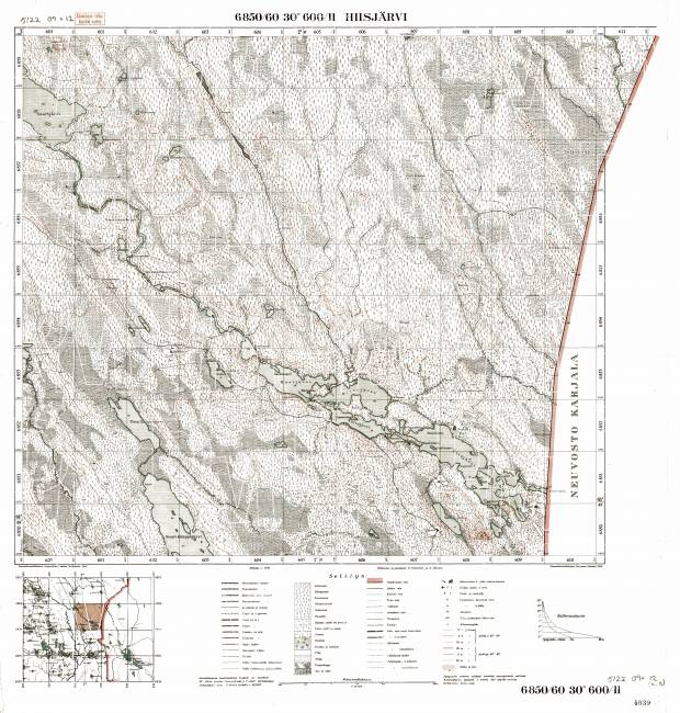 Hisjarvi Lake. Hiisjärvi, Sulkansuo. Topografikartta 512209, 512212. Topographic map from 1940. Use the zooming tool to explore in higher level of detail. Obtain as a quality print or high resolution image