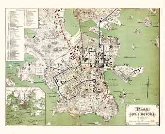 Helsingfors (Helsinki) city map with planned tramway network layout, 1898 (1901)
