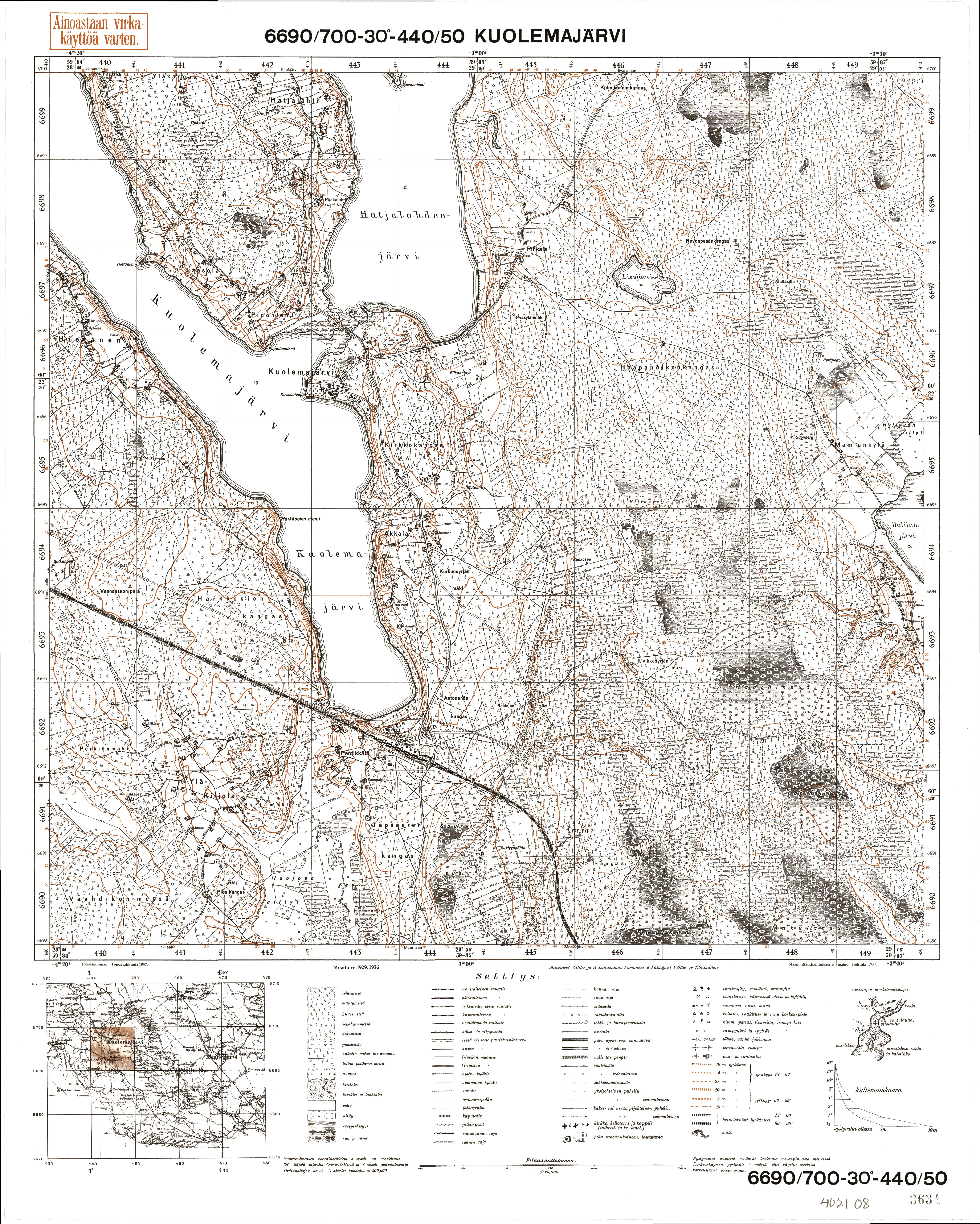 Pionerskoje. Kuolemajärvi. Topografikartta 402108. Topographic map from 1940