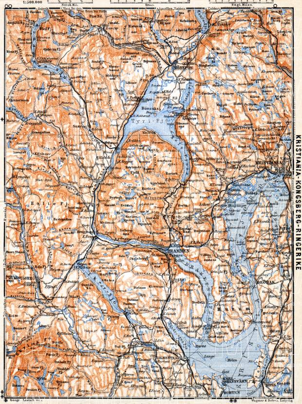 Christiania - Kongsberg - Ringerike district map, 1910. Use the zooming tool to explore in higher level of detail. Obtain as a quality print or high resolution image