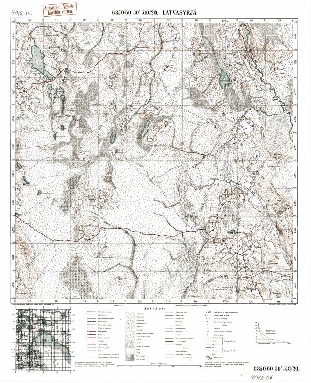 Latvasyrjä and close surrounding. Latvasyrjä. Topografikartta 414206. Topographic map from 1939. Use the zooming tool to explore in higher level of detail. Obtain as a quality print or high resolution image