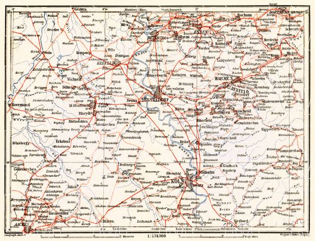 Railway map of Lower Rhine geographic area (Rhine-Ruhr bassin), 1905. Use the zooming tool to explore in higher level of detail. Obtain as a quality print or high resolution image