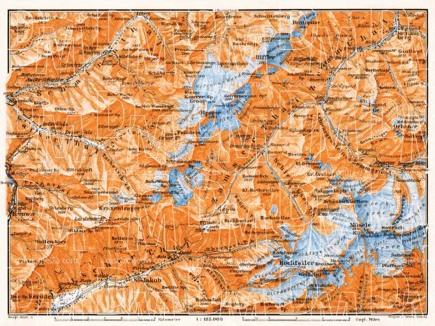 West Zillertal Alps (Zillertaler Alpen) map, 1906. Use the zooming tool to explore in higher level of detail. Obtain as a quality print or high resolution image