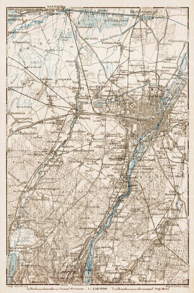 Map of the environs of Munich (München), 1909. Use the zooming tool to explore in higher level of detail. Obtain as a quality print or high resolution image
