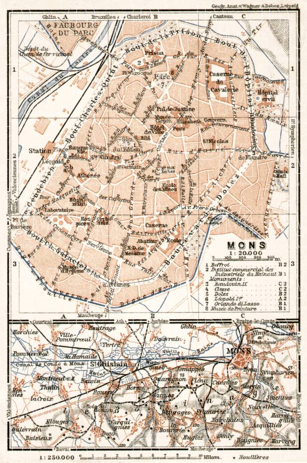 Mons town plan. Environs of Mons map, 1909. Use the zooming tool to explore in higher level of detail. Obtain as a quality print or high resolution image