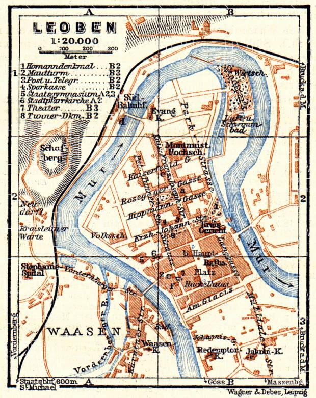 Leoben city map, 1911. Use the zooming tool to explore in higher level of detail. Obtain as a quality print or high resolution image