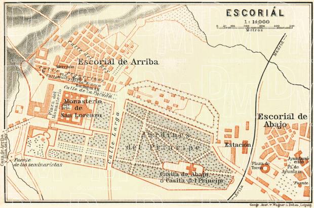 Escorial de Arriba town plan, 1899. Use the zooming tool to explore in higher level of detail. Obtain as a quality print or high resolution image