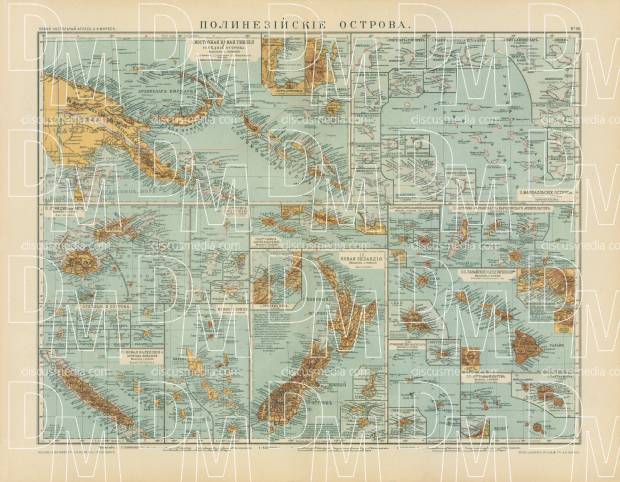 Polynesian Island Groups Map (in Russian), 1910. Use the zooming tool to explore in higher level of detail. Obtain as a quality print or high resolution image