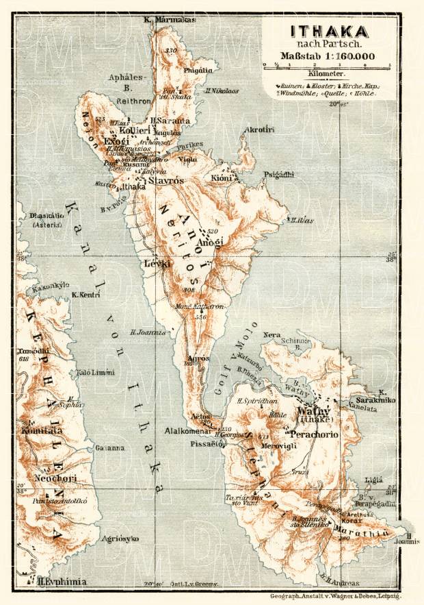 Old map of Isle of Ithaca in 1908. Buy vintage map replica poster print or  download picture