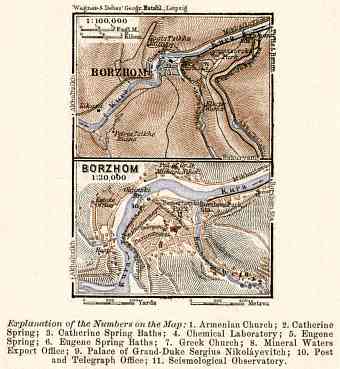 Borjom (ბორჯომი, Borjomi) town plan with environs map, 1914