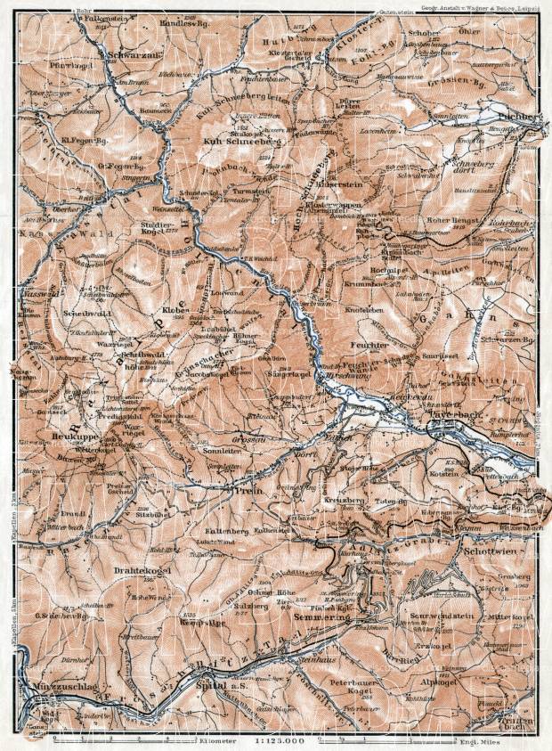 Schneeberg, Raxalpe Mountains and Semmering region map, 1910. Use the zooming tool to explore in higher level of detail. Obtain as a quality print or high resolution image