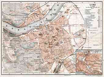 Linz city map with map inset of Pöstlingberg, 1910