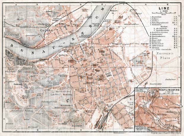 Linz city map with map inset of Pöstlingberg, 1910. Use the zooming tool to explore in higher level of detail. Obtain as a quality print or high resolution image