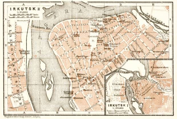 Irkutsk (Иркутскъ) city map, 1914. Use the zooming tool to explore in higher level of detail. Obtain as a quality print or high resolution image