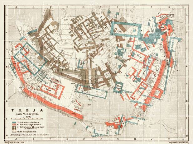 Troy (Troja, Ilion, Τροία, Ἴλιον), ancient site map after Wilhelm Dörpfeld, 1914. Use the zooming tool to explore in higher level of detail. Obtain as a quality print or high resolution image