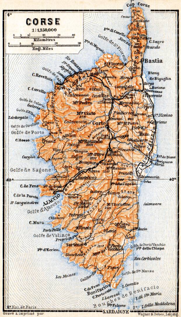 Old map of Isle of Corsica in 1900. Buy vintage map replica poster