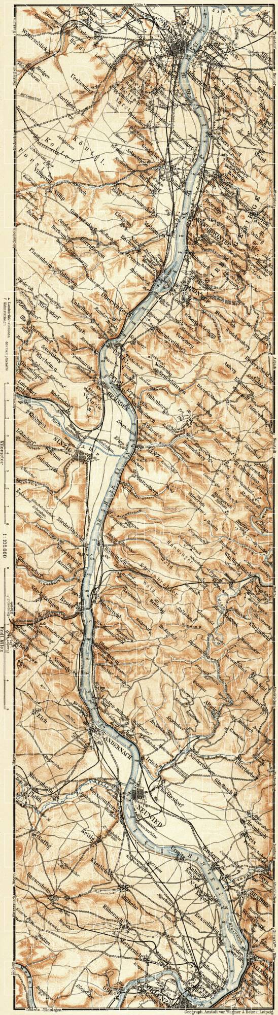 Map of the Course of the Rhine from Bonn to Coblenz, 1905. Use the zooming tool to explore in higher level of detail. Obtain as a quality print or high resolution image