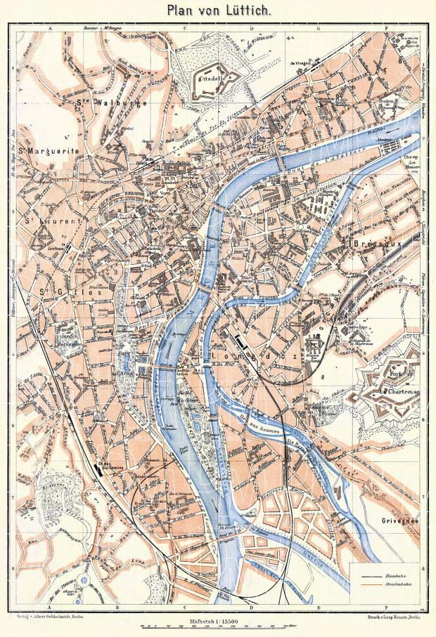 Liège (Lüttich) city map, 1908. Use the zooming tool to explore in higher level of detail. Obtain as a quality print or high resolution image