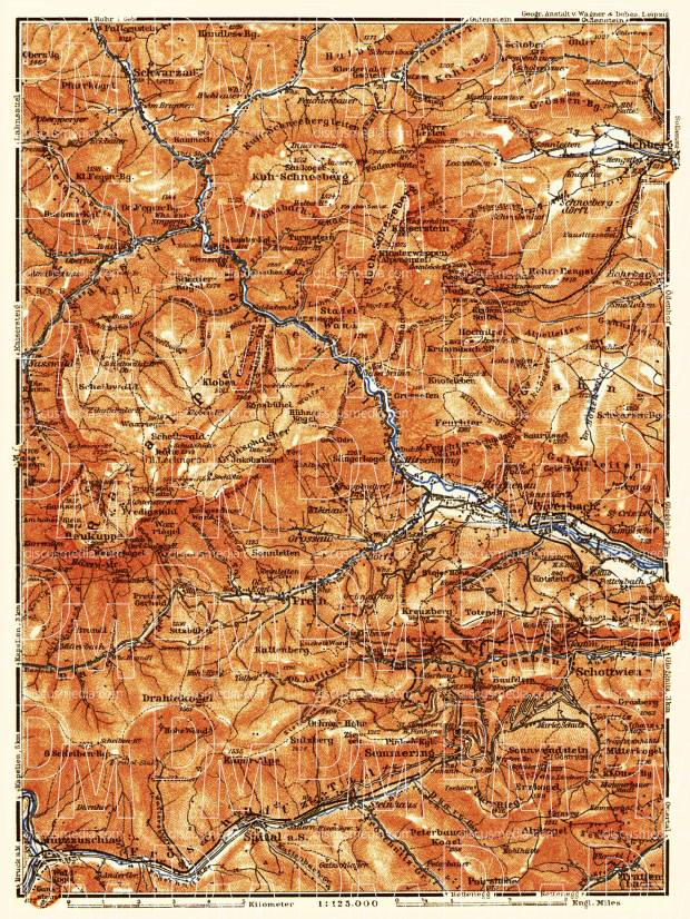 Schneeberg, Raxalpe Mountains, Semmering map, 1911. Use the zooming tool to explore in higher level of detail. Obtain as a quality print or high resolution image