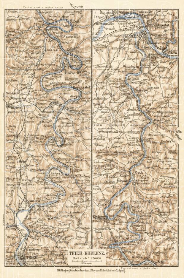 Map of the Course of the Mosel River from Koblenz to Trier, 1927. Use the zooming tool to explore in higher level of detail. Obtain as a quality print or high resolution image