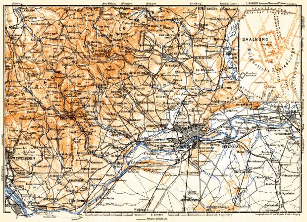 Frankfurt (Frankfurt-am-Main) and environs map, 1905. Use the zooming tool to explore in higher level of detail. Obtain as a quality print or high resolution image