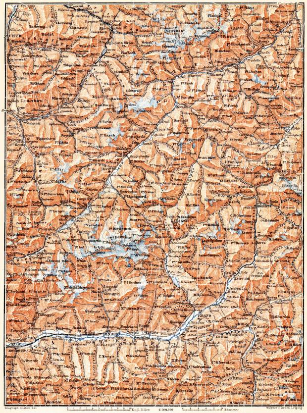 Engadin Valley and Valtellina district map, 1897. Use the zooming tool to explore in higher level of detail. Obtain as a quality print or high resolution image