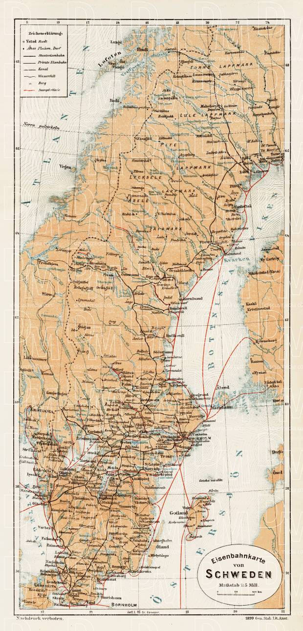 Sweden General Map, 1899. Use the zooming tool to explore in higher level of detail. Obtain as a quality print or high resolution image