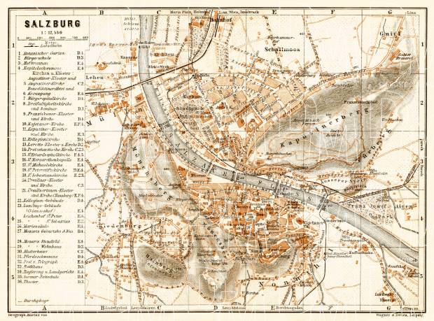 Salzburg city map, 1906. Use the zooming tool to explore in higher level of detail. Obtain as a quality print or high resolution image